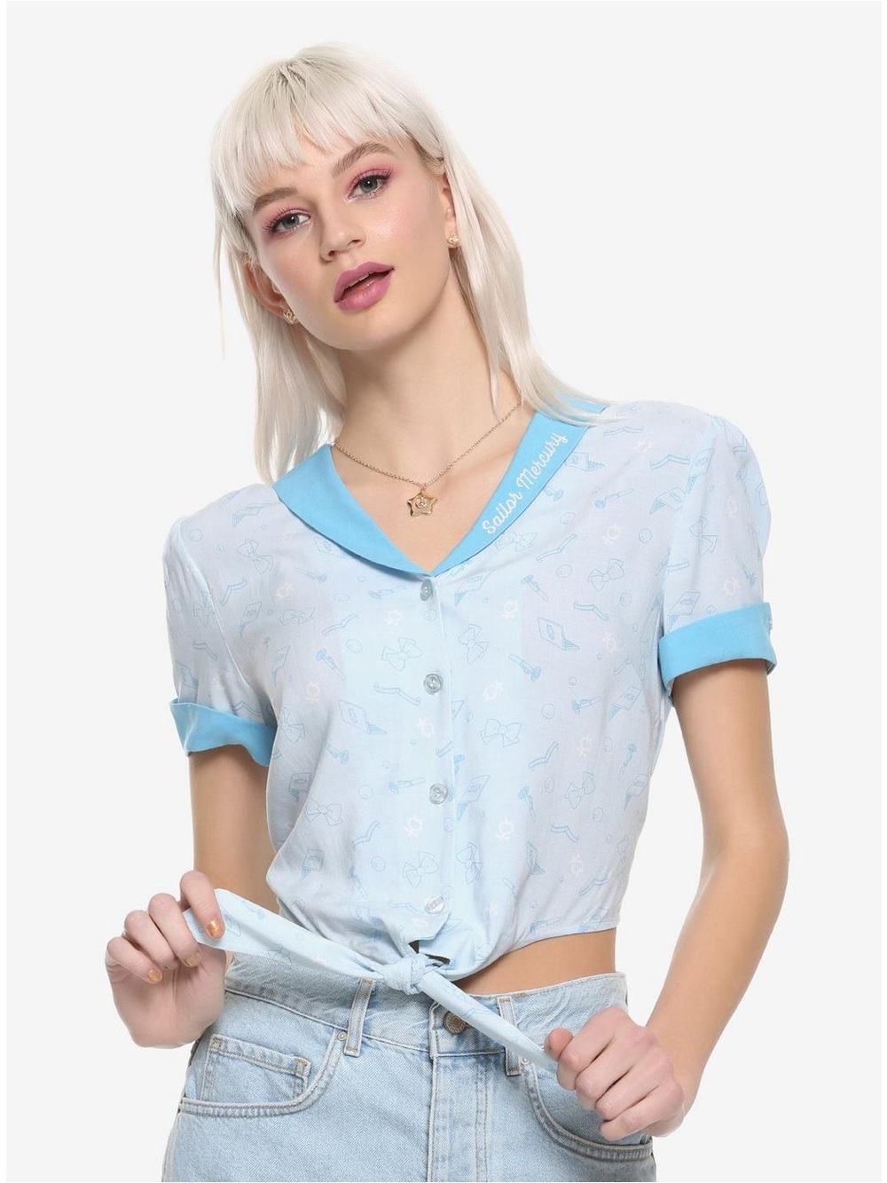 Sailor Moon Sailor Mercury Tie Front Girls Crop Button-Up Hot Topic Exclusive